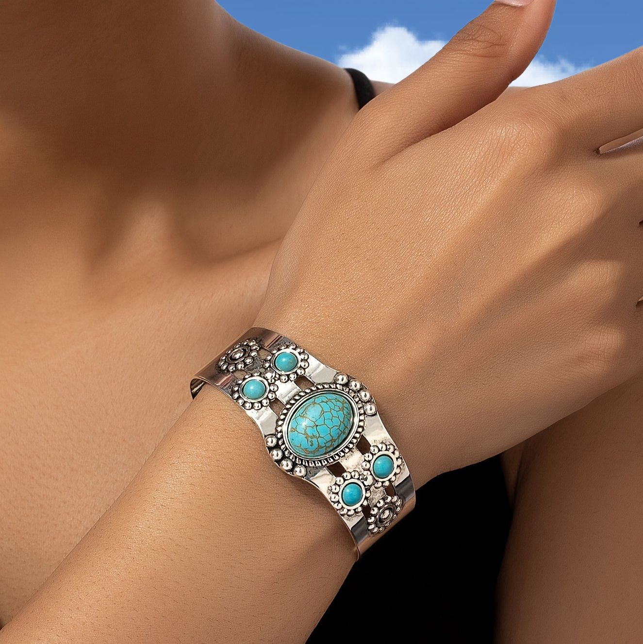 Bracciale Cuff Turchese Sereno | Oro Bianco
